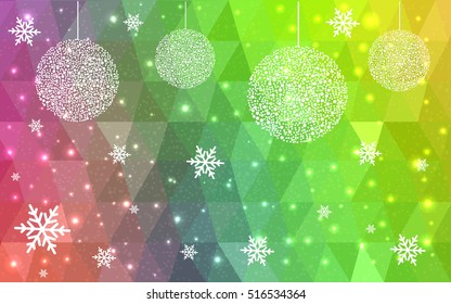 Light Multicolor christmas postcard low polygon background. Vector illustration consisting of triangles. Abstract triangular polygonal origami or crystal design of New Year celebration.