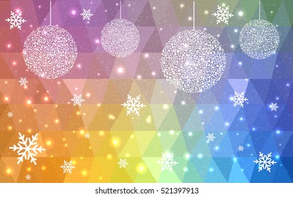 Light Multicolor christmas postcard low polygon background. Vector illustration consisting of triangles. Abstract triangular polygonal origami or crystal design of New Year celebration.
