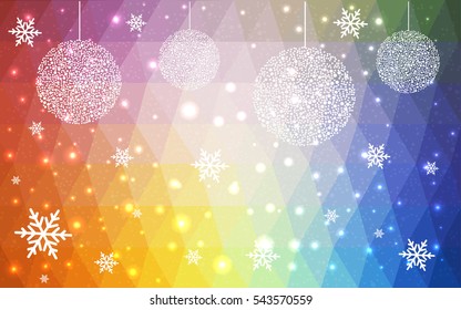 Light Multicolor christmas postcard low polygon background. Vector illustration consisting of triangles. Abstract triangular polygonal origami or crystal design of New Year celebration.