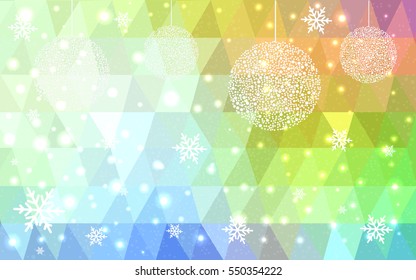 Light Multicolor christmas postcard low polygon background. Vector illustration consisting of triangles. Abstract triangular polygonal origami or crystal design of New Year celebration.