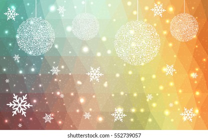 Light Multicolor christmas postcard low polygon background. Vector illustration consisting of triangles. Abstract triangular polygonal origami or crystal design of New Year celebration.