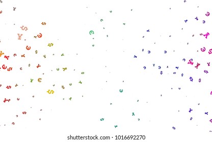 Light Multicolor, Rainbow vector background with Euro, Dollar, Yen. Abstract illustration with colored financial digital symbols. The pattern can be used for financial, investment websites.