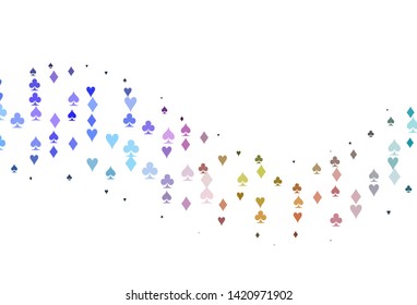 Light Multicolor, Rainbow vector background with cards signs. Illustration with set of hearts, spades, clubs, diamonds. Template for business cards of casinos.