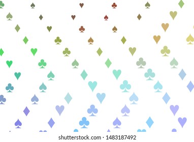 Light Multicolor, Rainbow vector background with cards signs. Colorful gradient with signs of hearts, spades, clubs, diamonds. Smart design for your business advert of casinos.