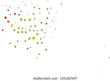 Light Multicolor, Rainbow vector background with cards signs. Illustration with set of hearts, spades, clubs, diamonds. Template for business cards of casinos.
