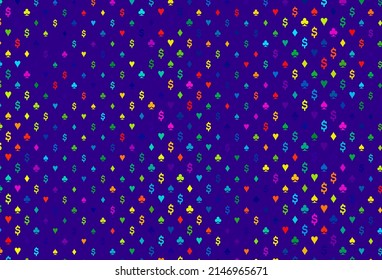 Light multicolor, rainbow vector background with cards signs. Illustration with set of hearts, spades, clubs, diamonds. Design for ad, poster, banner of gambling websites.