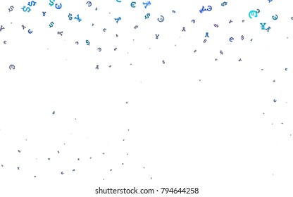 Light Multicolor, Rainbow vector background with Euro, Dollar, Yen. Abstract illustration with colored financial digital symbols. Template for ads of markets, loans.