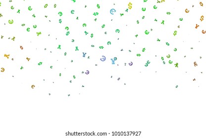 Light Multicolor, Rainbow vector cover with Euro, Dollar, Yen signs. Abstract illustration with colored financial digital symbols. The pattern can be used for ad, booklets, leaflets of banks.