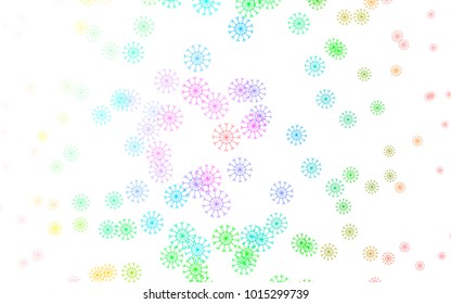 Light Multicolor, Rainbow vector cover with beautiful snowflakes. Snow on blurred abstract background with gradient. The pattern can be used for year new  websites.
