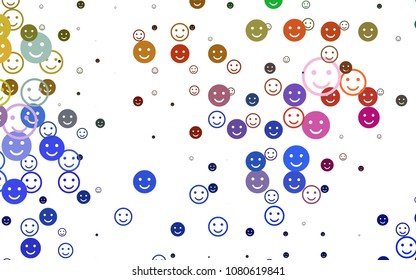 Light Multicolor, Rainbow vector cover with cute smiles. Glitter abstract sketch with smiley, icons. Template for cheerful greeting postcards.