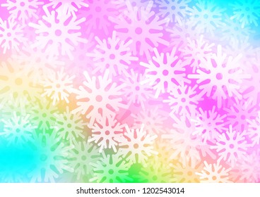 Light Multicolor, Rainbow vector cover with beautiful snowflakes. Decorative shining illustration with snow on abstract template. The pattern can be used for new year ad, booklets.