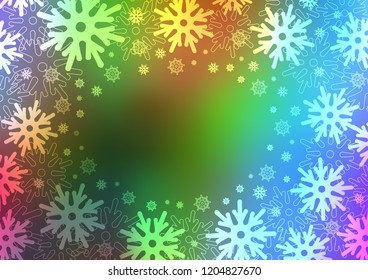 Light Multicolor, Rainbow vector cover with beautiful snowflakes. Modern geometrical abstract illustration with crystals of ice. The pattern can be used for new year leaflets.