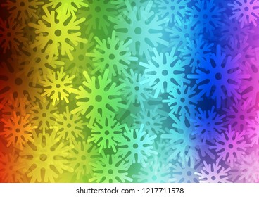 Light Multicolor, Rainbow vector cover with beautiful snowflakes. Glitter abstract illustration with crystals of ice. The pattern can be used for year new  websites.