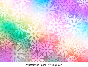 Light Multicolor, Rainbow vector cover with beautiful snowflakes. Shining colored illustration with snow in christmas style. The pattern can be used for new year ad, booklets.