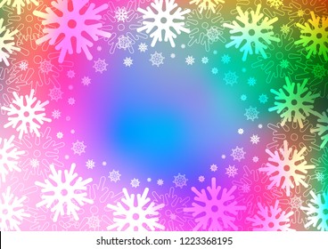Light Multicolor, Rainbow vector cover with beautiful snowflakes. Blurred decorative design in xmas style with snow. The pattern can be used for new year leaflets.