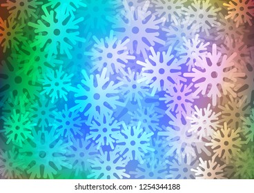 Light Multicolor, Rainbow vector cover with beautiful snowflakes. Shining colored illustration with snow in christmas style. The template can be used as a new year background.