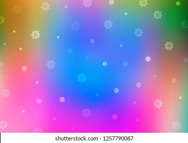 Light Multicolor, Rainbow vector cover with beautiful snowflakes. Snow on blurred abstract background with gradient. The pattern can be used for new year ad, booklets.