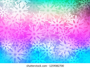 Light Multicolor, Rainbow vector cover with beautiful snowflakes. Blurred decorative design in xmas style with snow. New year design for your ad, poster, banner.