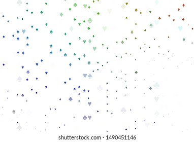 Light Multicolor, Rainbow vector cover with symbols of gamble. Glitter abstract sketch with isolated symbols of playing cards. Template for business cards of casinos.