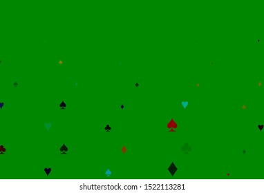 Light Multicolor, Rainbow vector cover with symbols of gamble. Shining illustration with hearts, spades, clubs, diamonds. Template for business cards of casinos.