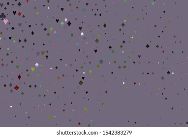 Light Multicolor, Rainbow vector cover with symbols of gamble. Shining illustration with hearts, spades, clubs, diamonds. Template for business cards of casinos.