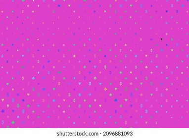 Light multicolor, rainbow vector cover with symbols of gamble. Colored illustration with hearts, spades, clubs, diamonds. Template for business cards of casinos.