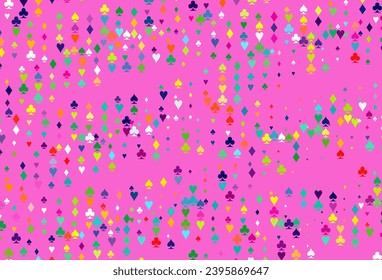 Light Multicolor, Rainbow vector cover with symbols of gamble. Illustration with set of hearts, spades, clubs, diamonds. Pattern for booklets, leaflets of gambling houses.