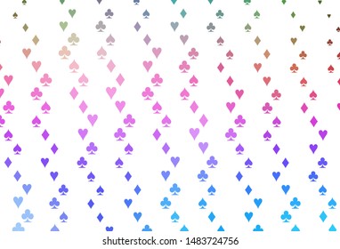 Light Multicolor, Rainbow vector layout with elements of cards. Blurred decorative design of hearts, spades, clubs, diamonds. Pattern for ads of parties, events in Vegas.