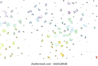 Light Multicolor, Rainbow vector pattern with Euro, Dollar, Yen. Colored symbols of all currency on white background. Template for ads of markets, loans.
