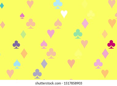 Light Multicolor, Rainbow vector pattern with symbol of cards. Illustration with set of hearts, spades, clubs, diamonds. Template for business cards of casinos.