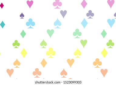 Light Multicolor, Rainbow vector pattern with symbol of cards. Illustration with set of hearts, spades, clubs, diamonds. Template for business cards of casinos.