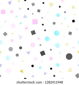 Light Multicolor, Rainbow vector seamless backdrop with lines, circles, rhombus. Illustration with colorful circles, triangles, rectangles. Template for business cards, websites.