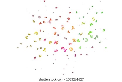 Light Multicolor, Rainbow vector template with Euro, Dollar, Yen. Colored symbols of all currency on white background. The pattern can be used as ads, poster, banner for payments.