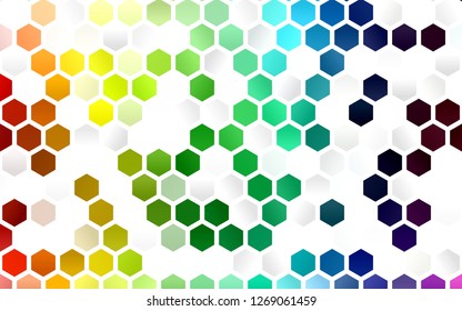 Light Multicolor, Rainbow vector template in hexagonal style. Illustration of colored hexagons on white surface. Pattern can be used for landing pages.