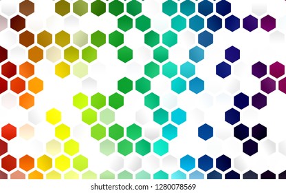 Light Multicolor, Rainbow vector template in hexagonal style. Illustration of colored hexagons on white surface. Pattern can be used for landing pages.