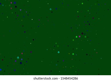 Light Multicolor, Rainbow vector template with poker symbols. Illustration with set of hearts, spades, clubs, diamonds. Design for ad, poster, banner of gambling websites.
