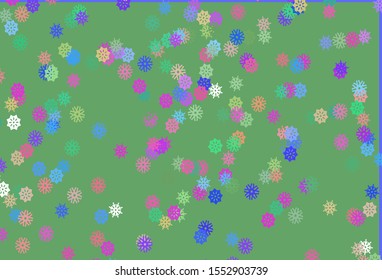Light Multicolor, Rainbow vector template with ice snowflakes. Shining colored illustration with snow in christmas style. The pattern can be used for new year ad, booklets.