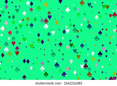 Light Multicolor, Rainbow vector template with poker symbols. Blurred decorative design of hearts, spades, clubs, diamonds. Template for business cards of casinos.