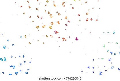 Light Multicolor, Rainbow vector template with Euro, Dollar, Yen. Colored symbols of all currency on white background. Template for ads of markets, loans.