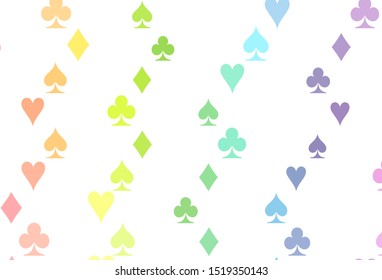 Light Multicolor, Rainbow vector texture with playing cards. Illustration with set of hearts, spades, clubs, diamonds. Template for business cards of casinos.