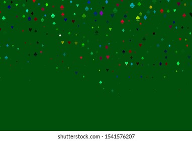 Light Multicolor, Rainbow vector texture with playing cards. Blurred decorative design of hearts, spades, clubs, diamonds. Design for ad, poster, banner of gambling websites.