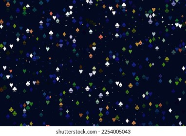 Light Multicolor, Rainbow vector texture with playing cards. Glitter abstract sketch with isolated symbols of playing cards. Design for ad, poster, banner of gambling websites.
