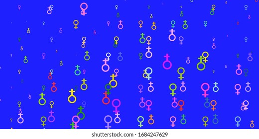 Light Multicolor vector backdrop with woman's power symbols. Colorful illustration with gradient feminism shapes. Background for International Women’s Day.