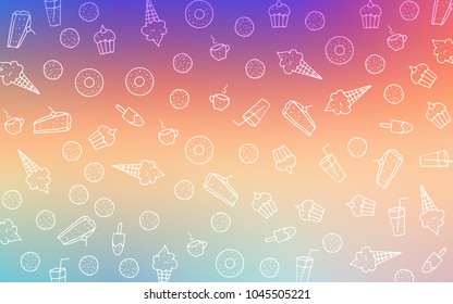 Light Multicolor vector cover with set of confections. Decorative shining illustration with sweets on abstract template. Design for ad, poster, banner of cafes or restaurants.