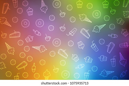 Light Multicolor vector cover with set of confections. Confections on blurred abstract background with colorful gradient. Design for ad, poster, banner of cafes or restaurants.