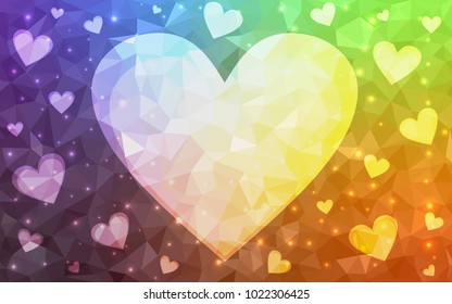 Light Multicolor vector greeting Card Happy Valentine's Day. Lettering with hearts on the white polygonal background. Colored triangular illustration for your business.