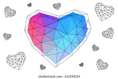 Light Multicolor vector greeting Card Happy Valentine's Day. Lettering with hearts on the white polygonal background. Colored triangular illustration for your business.