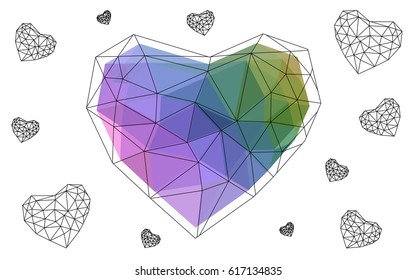 Light Multicolor vector greeting Card Happy Valentine's Day. Lettering with hearts on the white polygonal background. Colored triangular illustration for your business.