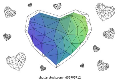 Light Multicolor vector greeting Card Happy Valentine's Day. Lettering with hearts on the white polygonal background. Colored triangular illustration for your business.