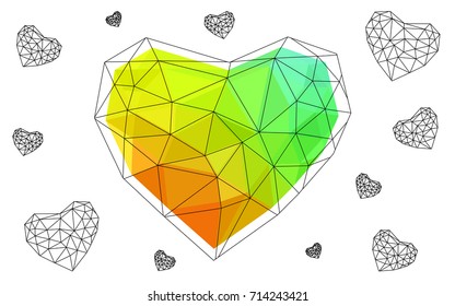 Light Multicolor vector greeting Card Happy Valentine's Day. Lettering with hearts on the white polygonal background. Colored triangular illustration for your business.